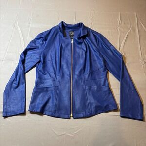 Clara Sun Woo Royal Blue Liquid Leather Zip Front Jacket Stand Collar Wmn Size S